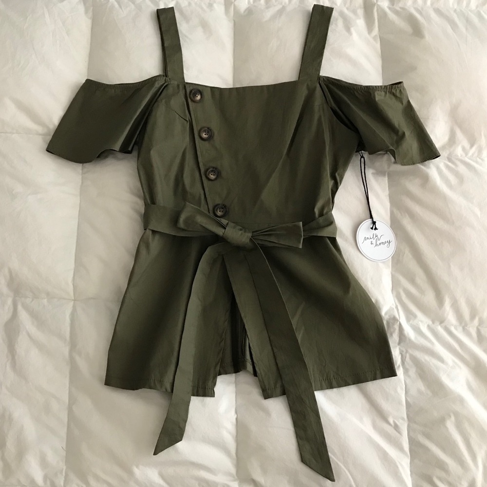 NWT A’gaci Milk & Honey Olive Cold Shoulder Top